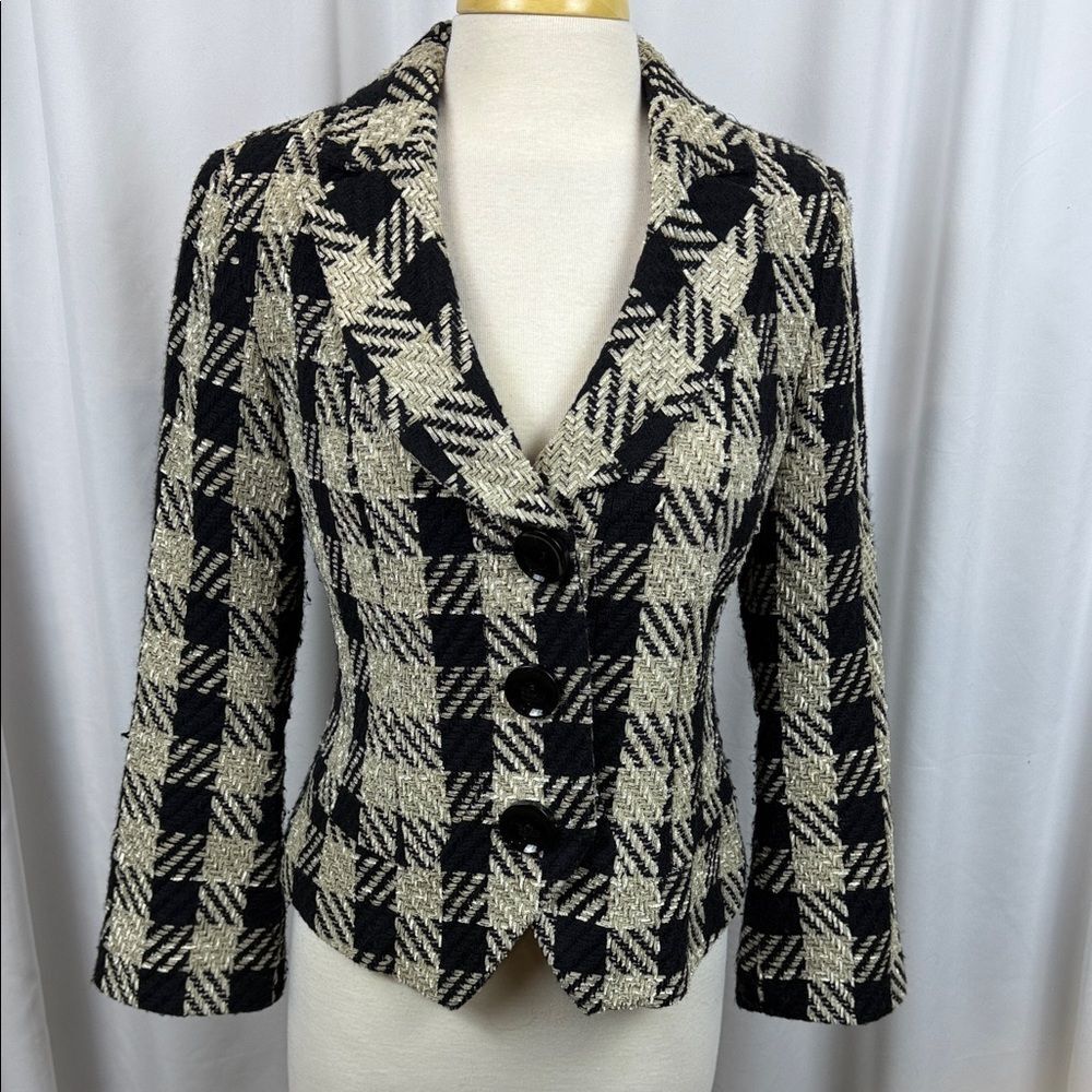 Coldwater Creek Black and Cream Plaid Blazer, Size 6